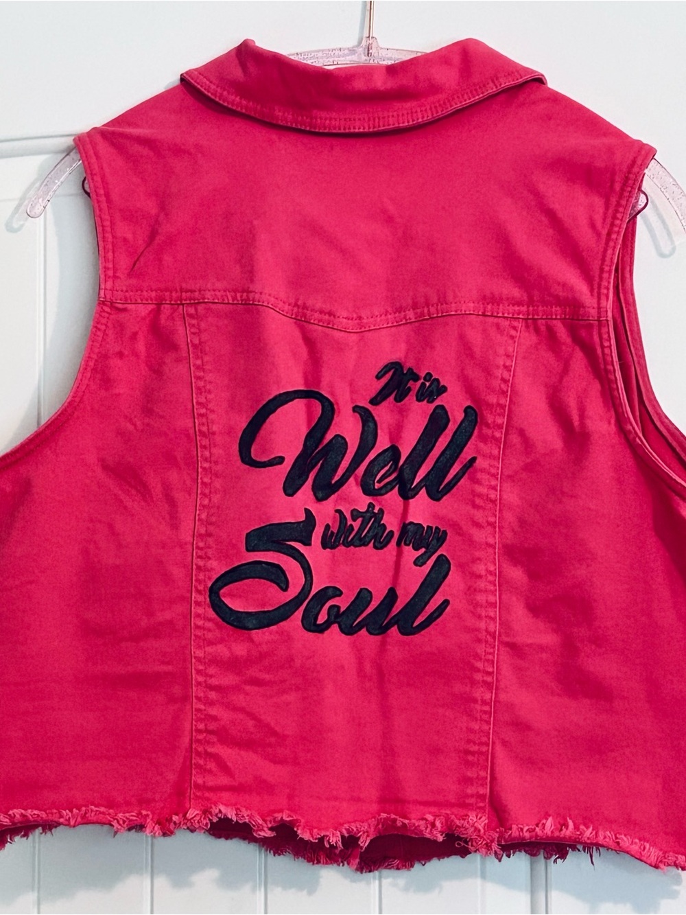 Upcycled Hot Pink Denim Vest with Black Hand Painted Script